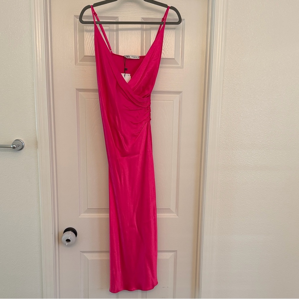 Zara Fuchsia Slip Midi Dress with Spaghetti Straps